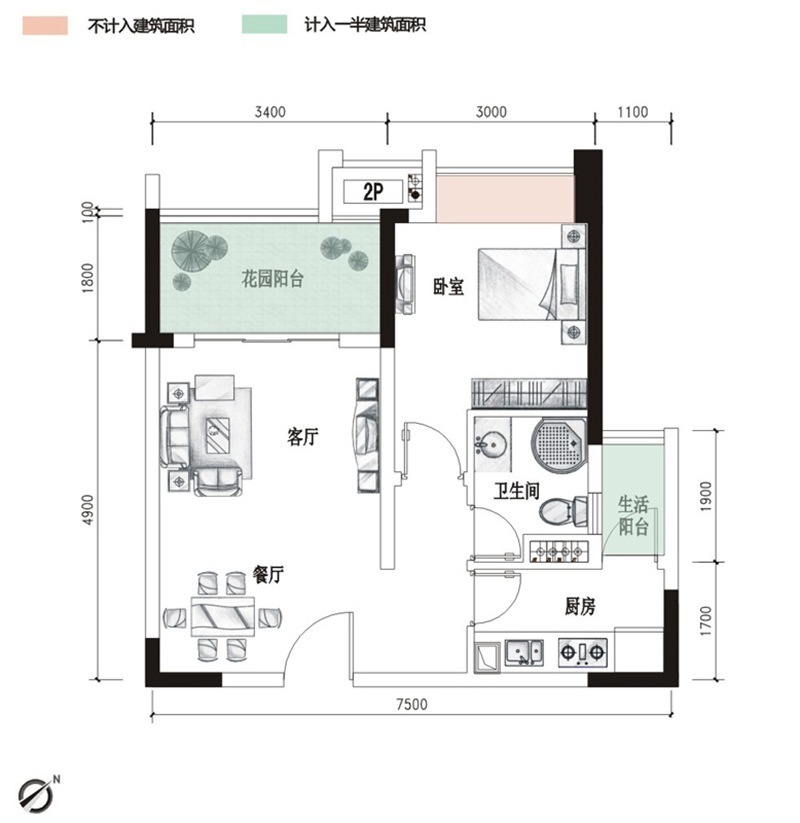 中式风格二居室二厅一卫57.89平米