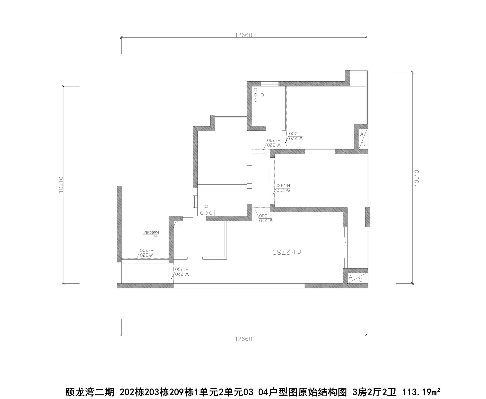 颐龙湾二期户型图原始结构图 3房2厅2卫